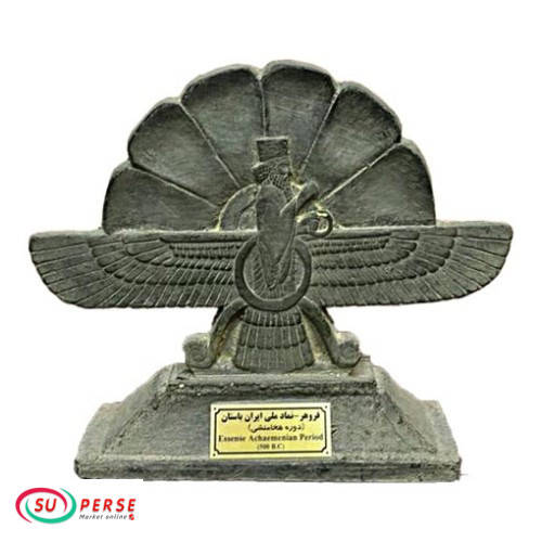 مجسمه نقش برجسته فروهر با گل لوتوس در رنگ سیاه رنگی